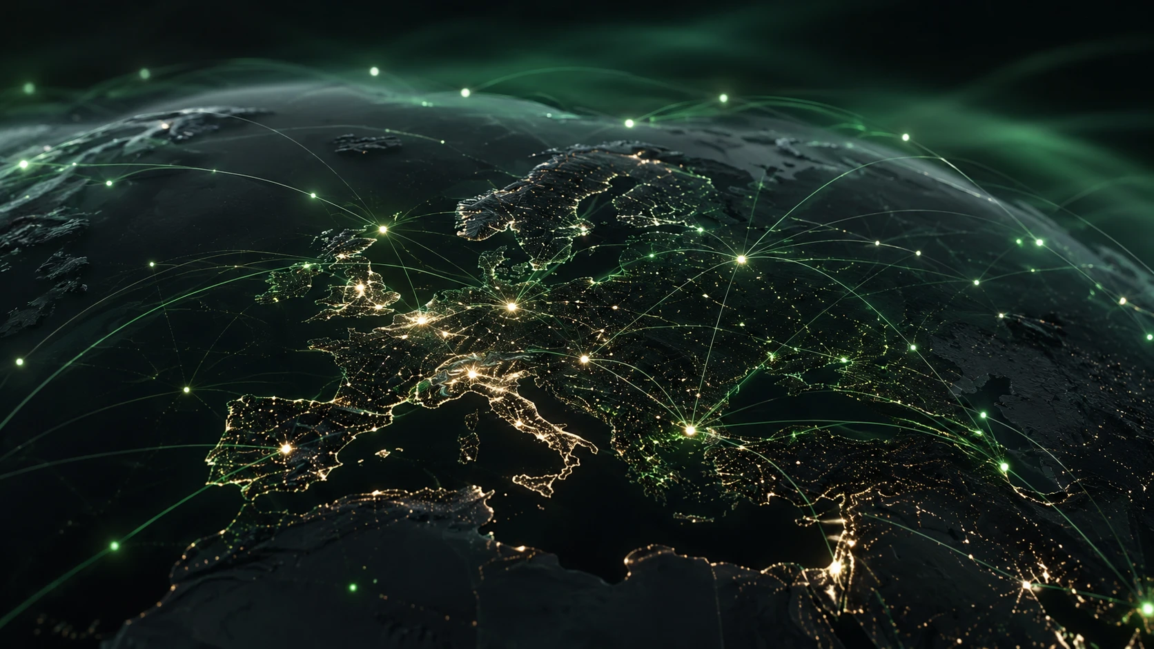 Europa bij nacht met oplichtende netwerklijnen — AI-zoekmachines putten uit bronnen van het hele web