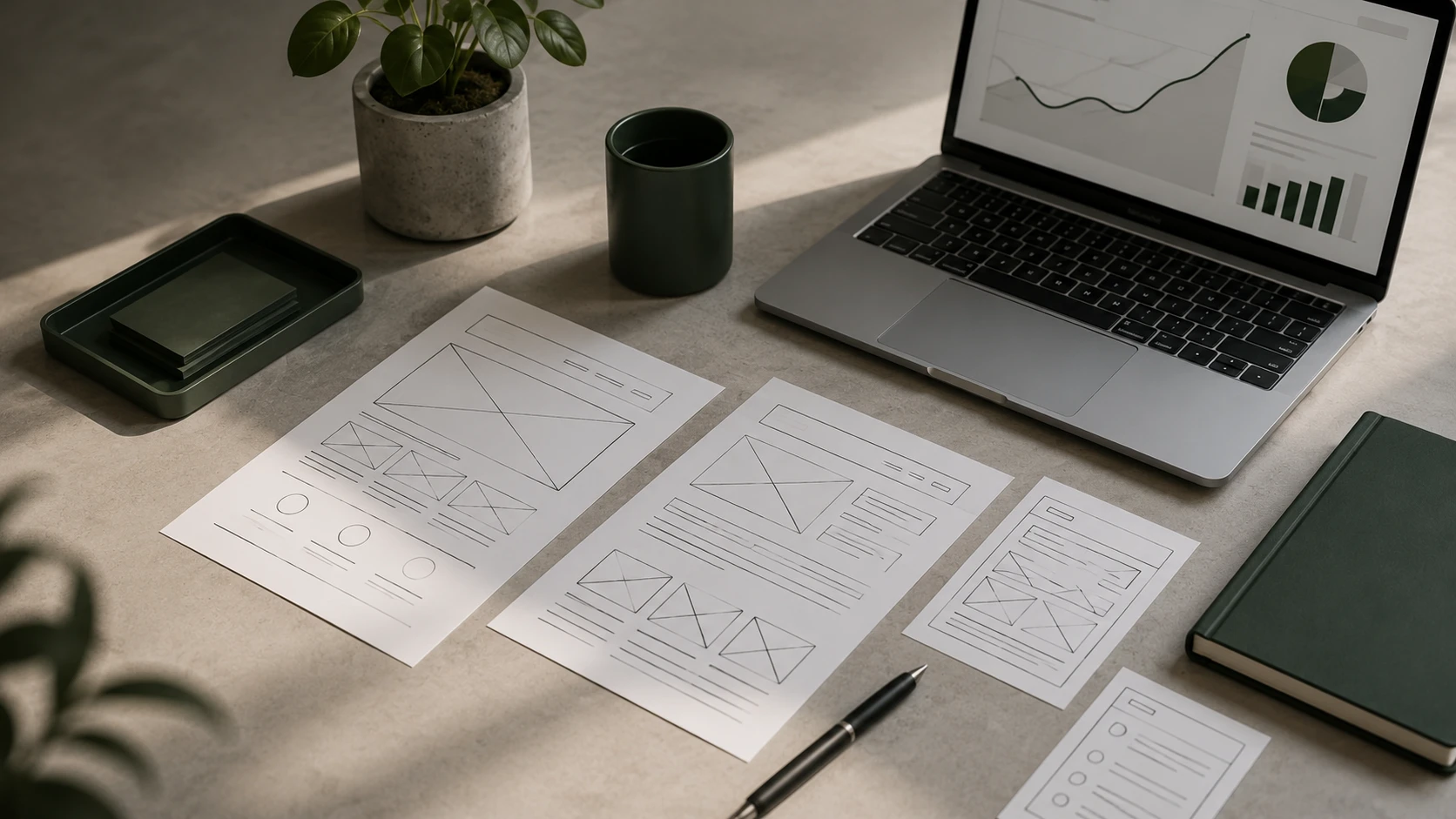 Papieren wireframes naast een laptop — de ontwerpfase van een nieuwe website