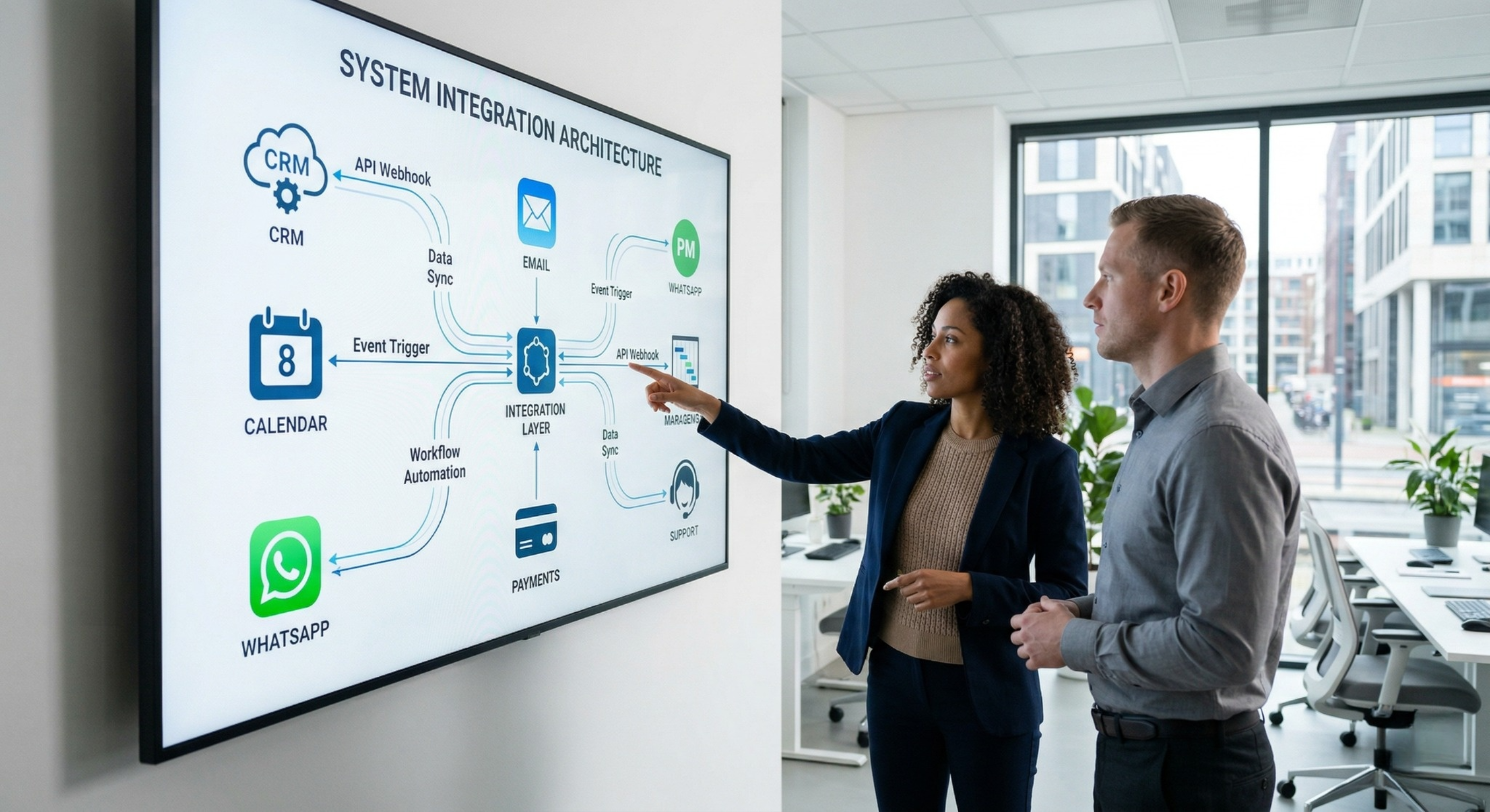 Verbonden software systemen en API integraties op dashboard scherm